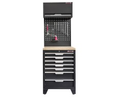 Werkzeugschrank Set - 68 cm Wandlänge, 7 Schubladen, Hängeschrank & Werkzeuglochwand - Mattschwarz - 68x61x200 cm