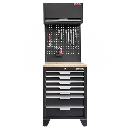 Werkzeugschrank Set - 68 cm Wandlänge, 7 Schubladen, Hängeschrank & Werkzeuglochwand - Mattschwarz - 68x61x200 cm