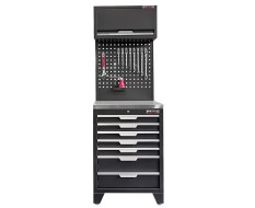 Werkzeugschrank Set - 68 cm Wandlänge, Metallarbeitsplatte, 7 Schubladen, Hängeschrank & Lochwand - Mattschwarz - 68x61x200 cm