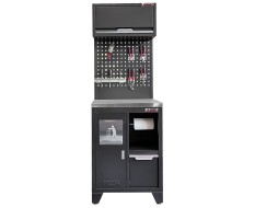 Werkzeugschrank Set - 68 cm Wandlänge, Metallarbeitsplatte, Mülleimer, Hängeschrank & Lochwand - Mattschwarz - 68x61x200 cm