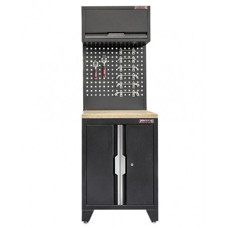 Werkzeugschrank Set mit 2 Türen - 68 cm Wandlänge, Hängeschrank & Werkzeuglochwand - Mattschwarz - 68x61x200 cm