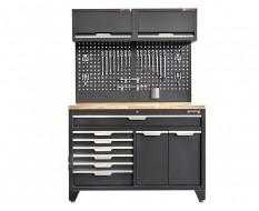 Werkzeugschrank Set - 136 cm Wandlänge, 7 Schubladen, Hängeschrank & Werkzeuglochwand - Mattschwarz - 136x61x200 cm