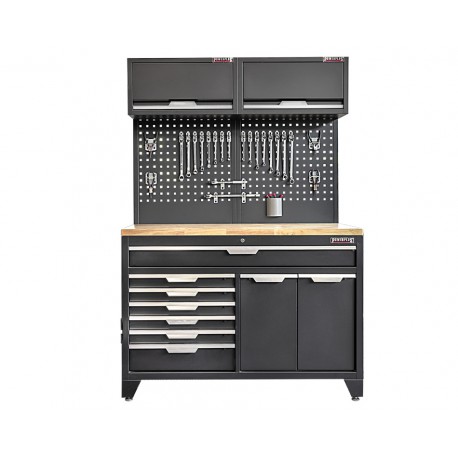 Werkzeugschrank Set - 136 cm Wandlänge, 7 Schubladen, Hängeschrank & Werkzeuglochwand - Mattschwarz - 136x61x200 cm