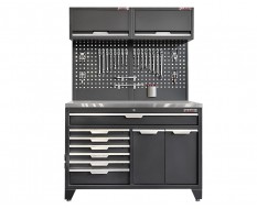 Werkzeugschrank Set - 136 cm Wandlänge, Metallarbeitsplatte, 7 Schubladen, Hängeschrank & Lochwand - Mattschwarz - 136x61x200 cm