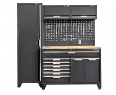 Werkzeugschrank Set - 196 cm Wandlänge, hoher Schrank, Hängeschrank, 7 Schubladen Werkbank - Mattschwarz - 196x61x200 cm