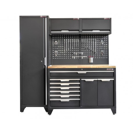 Werkzeugschrank Set - 196 cm Wandlänge, hoher Schrank, Hängeschrank, 7 Schubladen Werkbank - Mattschwarz - 196x61x200 cm