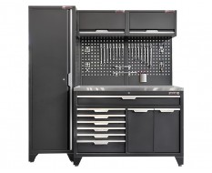 Werkzeugschrank Set - 196 cm Wandlänge, Metallarbeitsplatte, hoher Schrank, 7 Schubladen Werkbank - Mattschwarz - 196x61x200 cm