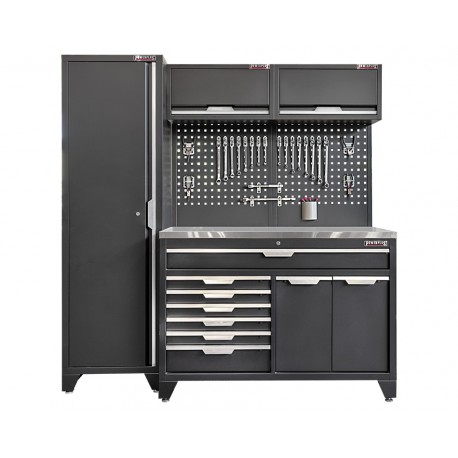 Werkzeugschrank Set - 196 cm Wandlänge, Metallarbeitsplatte, hoher Schrank, 7 Schubladen Werkbank - Mattschwarz - 196x61x200 cm