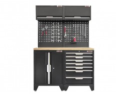 Werkzeugschrank Set mit 2 Türen - 136 cm Wandlänge, 7 Schubladen, Hängeschrank  - Mattschwarz - 136x61x200 cm