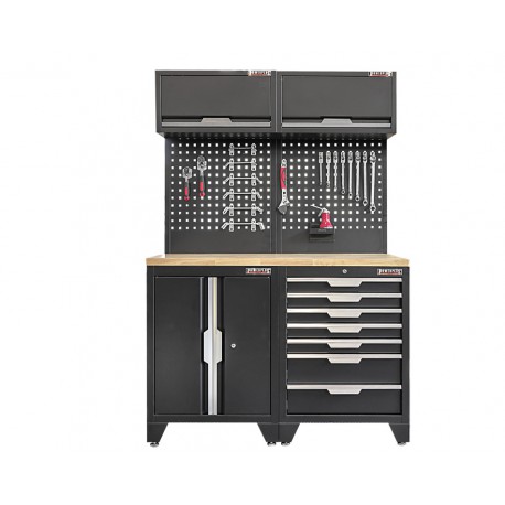 Werkzeugschrank Set mit 2 Türen - 136 cm Wandlänge, 7 Schubladen, Hängeschrank  - Mattschwarz - 136x61x200 cm