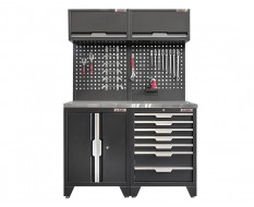 Werkzeugschrank Set mit 2 Türen - 136 cm Wandlänge, Metallarbeitsplatte, 7 Schubladen - Mattschwarz - 136x61x200 cm