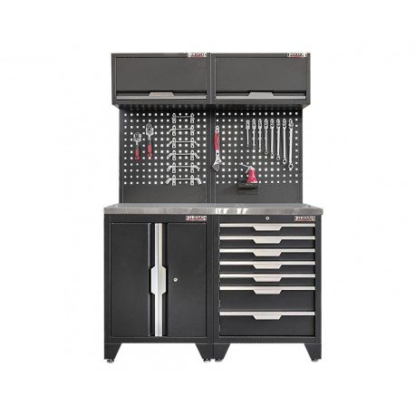 Werkzeugschrank Set mit 2 Türen - 136 cm Wandlänge, Metallarbeitsplatte, 7 Schubladen - Mattschwarz - 136x61x200 cm