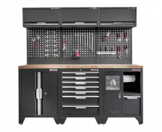 Werkzeugschrank Set mit 2 Türen - 204 cm Wandlänge, 7 Schubladen, Mülleimer, Hängeschrank  - Mattschwarz - 204x61x200 cm