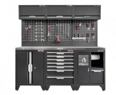 Werkzeugschrank Set 204 cm Wandlänge, Metallarbeitsplatte, 7 Schubladen, Hängeschrank - Mattschwarz - 204x61x200 cm