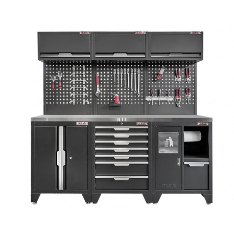 Werkzeugschrank Set 204 cm Wandlänge, Metallarbeitsplatte, 7 Schubladen, Hängeschrank - Mattschwarz - 204x61x200 cm