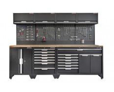 Werkzeugschrank Set mit 2 Türen - 272 cm Wandlänge, 14 Schubladen, Hängeschrank  - Mattschwarz - 272x61x200 cm