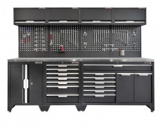 Werkzeugschrank Set mit 2 Türen - 272 cm Wandlänge, Metallarbeitsplatte, 14 Schubladen, - Mattschwarz - 272x61x200 cm