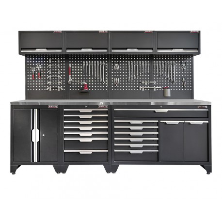 Werkzeugschrank Set mit 2 Türen - 272 cm Wandlänge, Metallarbeitsplatte, 14 Schubladen, - Mattschwarz - 272x61x200 cm