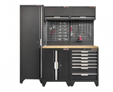 Werkzeugschrank Set mit 2 Türen - 196 cm Wandlänge, hoher Schrank, 7 Schubladen, Hängeschrank  - Mattschwarz - 196x61x200 cm