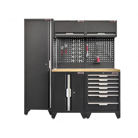 Werkzeugschrank Set mit 2 Türen - 196 cm Wandlänge, hoher Schrank, 7 Schubladen, Hängeschrank  - Mattschwarz - 196x61x200 cm