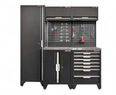 Werkzeugschrank Set mit 2 Türen - 196 cm Wandlänge, Metallarbeitsplatte, hoher Schrank, 7 Schubladen, - Mattschwarz