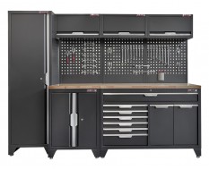 Werkzeugschrank Set - 264 cm Wandlänge, hoher Schrank, Hängeschrank, 7 Schubladen - Mattschwarz - 264x61x200 cm