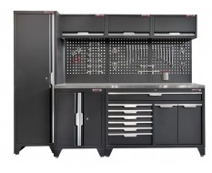 Werkzeugschrank Set - 264 cm Wandlänge, Metallarbeitsplatte, hoher Schrank, 7 Schubladen - Mattschwarz - 264x61x200 cm