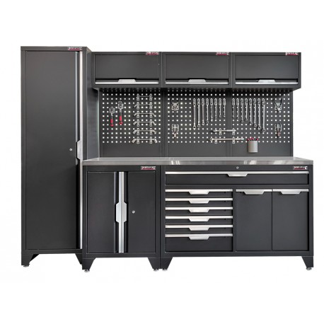 Werkzeugschrank Set - 264 cm Wandlänge, Metallarbeitsplatte, hoher Schrank, 7 Schubladen - Mattschwarz - 264x61x200 cm