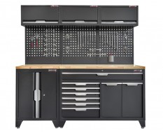 Werkzeugschrank Set mit 2 Türen - 204 cm Wandlänge, Hängeschrank, 7 Schubladen - Mattschwarz - 204x61x200 cm