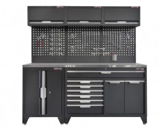 Werkzeugschrank Set mit 2 Türen - 204 cm Wandlänge, Metallarbeitsplatte, 7 Schubladen - Mattschwarz - 204x61x200 cm