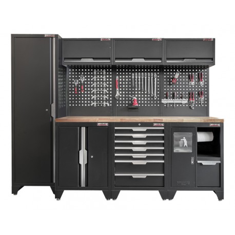 Werkzeugschrank Set - 264 cm Wandlänge, Hoher Schrank, 7 Schubladen, Mülleimer, Hängeschrank  - Mattschwarz - 264x61x200 cm