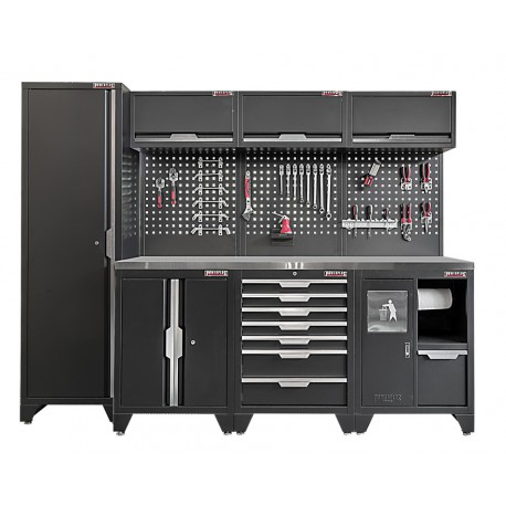 Werkzeugschrank Set - 264 cm Wandlänge, Hoher Schrank, 7 Schubladen, Metallarbeitsplatte  - Mattschwarz - 264x61x200 cm