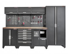 Werkzeugschrank Set - 295,5 cm Wandlänge, Hoher Schrank, 7 Schubladen, Mülleimer, Hängeschrank  - Mattschwarz - 295,5x61x200 cm