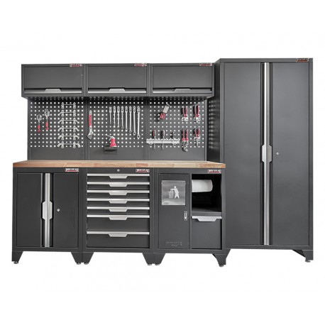 Werkzeugschrank Set - 295,5 cm Wandlänge, Hoher Schrank, 7 Schubladen, Mülleimer, Hängeschrank  - Mattschwarz - 295,5x61x200 cm