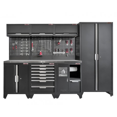 Werkzeugschrank Set - 295,5 cm Wandlänge, Hoher Schrank, 7 Schubladen, Metallarbeitsplatte  - Mattschwarz - 295,5x61x200 cm