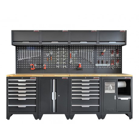 Werkzeugschrank Set mit 2 Türen - 272 cm Wandlänge, 14 Schubladen, Mülleimer, Hängeschrank  - Mattschwarz - 272x61x200 cm