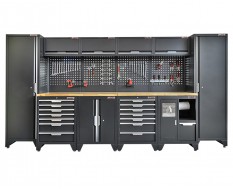 Werkzeugschrank Set - 392 cm Wandlänge, Hohe Schränke, 14 Schubladen, Mülleimer, Hängeschrank  - Mattschwarz - 392x61x200 cm