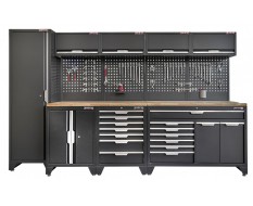 Werkzeugschrank Set mit 2 Türen - 332 cm Wandlänge, 14 Schubladen, Hängeschrank  - Mattschwarz - 332x61x200 cm