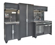 Werkzeugschrank Set mit Waschbecken - 295,5 cm Wandlänge, 7 Schubladen, Hoher Schrank  - Mattschwarz - 295,5x61x200 cm