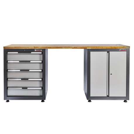 Werkbank Elite-Line 217 x 55,5 x 96 cm. mit 5 Schubladen und Hartholzplatte.